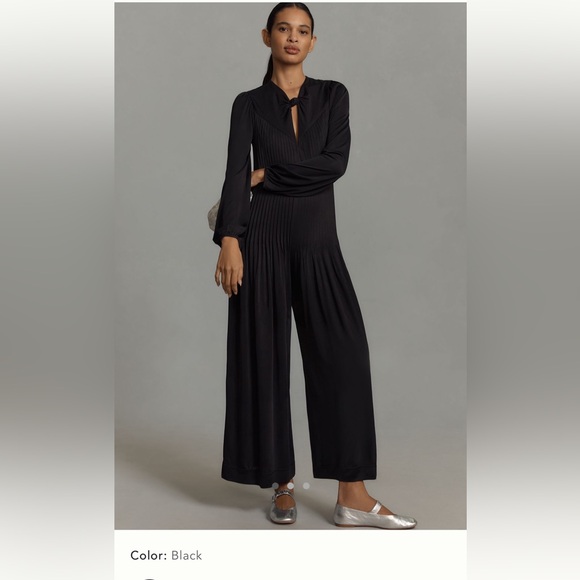 Farm Rio Long Sleeve Knot Jumpsuit Black Pleated Wide-Leg Women’s Small